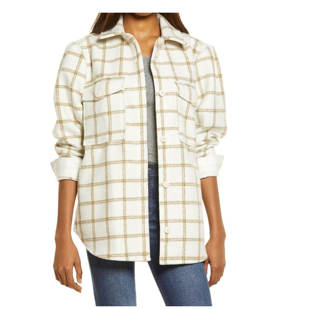 NWT Women's Treasure & Bond Plaid Puff Sleeve Shirt Jacket Size Medium $130 G360